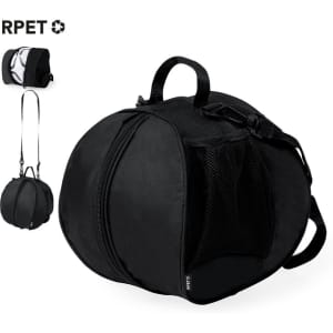 A black bag with a round shape featuring a mesh pocket, handles, and a shoulder strap; includes a logo.