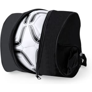 A black ball bag with a zippered compartment, holding a white soccer ball. Features a logo.