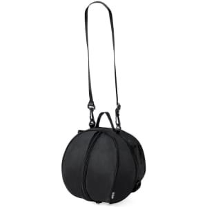 A black ball-shaped bag with a shoulder strap and handles, featuring a zipped closure and a logo.