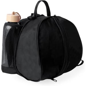 A black ball bag featuring a side pocket for a drink bottle, complete with a bamboo lid.
