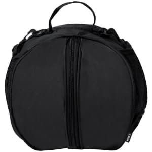 A round, black bag with a zippered closure and mesh pockets, featuring a handle on top and a logo.