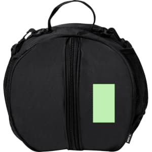 A round black carry bag with a zippered closure and mesh side pockets, featuring a small area for branding.