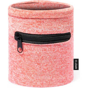 A cylindrical pink and grey holder made of fabric, featuring a zippered pocket and a branded tag.