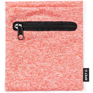 A textured orange pouch with a black zippered pocket and a small branding tag on the side.