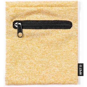 A yellow pouch with a black zippered pocket, featuring a grey tag on the side.