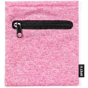 A pink RPET pouch with a black zippered pocket on the front. The fabric has a textured look.