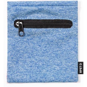 A blue fabric pouch featuring a black zippered pocket and a small logo on the side.
