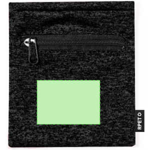 A black fabric pouch featuring a zip closure and a green transparent window. It includes a branding tag.