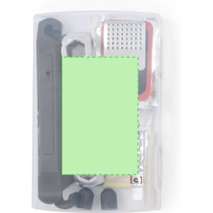 A bike repair kit featuring various tools, including a tyre lever, patch kit, and multi-tool, stored in a clear case.