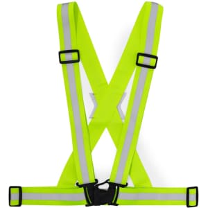 A reflective vest in fluorescent yellow with multiple reflective strips and adjustable buckles. Features a central X-shaped design.