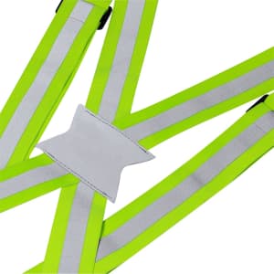 A reflective vest in fluorescent yellow with silver reflective strips, featuring adjustable straps and a blank patch.