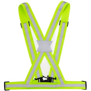A reflective vest in bright yellow with grey accents and reflective stripes, featuring adjustable straps and a buckle.