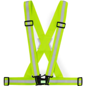 A bright yellow reflective vest with silver stripes and adjustable clips, designed for safety wear.