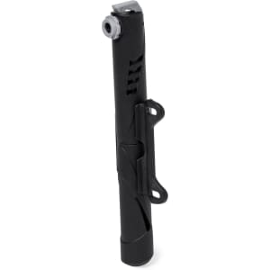 A compact black inflation pump with a nozzle and a clip for attachment. Features a sleek, modern design.