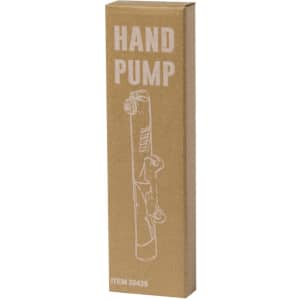 A brown cardboard box containing a hand pump with a simple line drawing. The box has a logo on it.