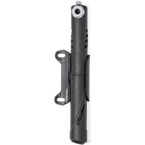 A black mini inflation pump with a mount for attachment, featuring a nozzle at the top and a sleek design.