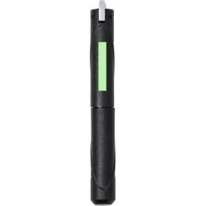 A black mini inflation pump with a green indicator, featuring a sleek design and a branding logo.
