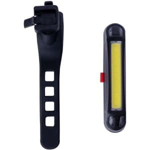 A black bike safety light with a mounting strap, featuring a long yellow LED section and two small lights.