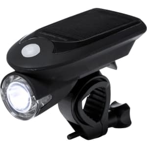 A black bike safety light with a solar panel on top and a front white LED. It has a mounting bracket for attachment.