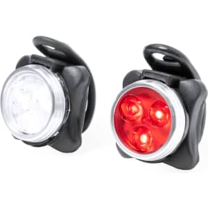 A bike safety light set featuring a white light and a red light, each housed in a black plastic casing.
