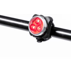 A red bike safety light set featuring three LED lights attached to a black mounting bracket.