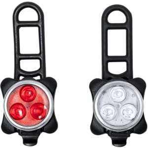 A red and white bike safety light set with a black casing, featuring two lights attached to adjustable straps.