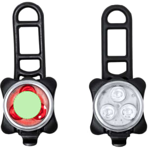 A black bike safety light set featuring a red and white light, designed for secure attachment. Includes branding.