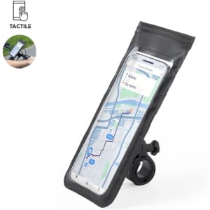A black pouch designed for holding a smartphone, featuring a clear front and a mounting option for bikes.