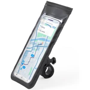 A black phone pouch with a clear front, featuring a map display and a mounting clip. It has a logo on the casing.