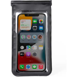 A black waterproof pouch with a transparent front, displaying a smartphone with various app icons on the screen.