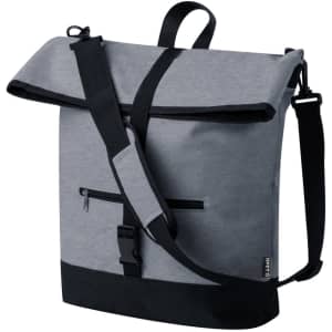 A grey bike bag with adjustable strap, featuring a flap closure and a front zip pocket. Includes branding.