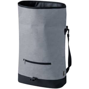 A grey bike bag with a zippered front pocket and a black base, featuring an adjustable shoulder strap.