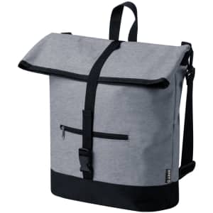 A grey and black bike bag with a roll-top closure and adjustable strap, featuring a front zip pocket and logo.