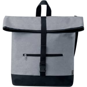 A grey and black roll-top bike bag with a front zip pocket and adjustable straps, featuring a logo.