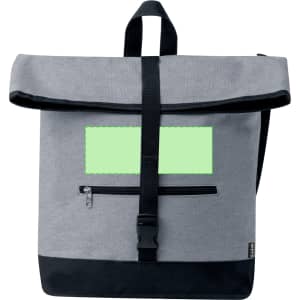 A grey and black bike bag with a roll-top closure and a front zipper pocket. It features a logo patch area.
