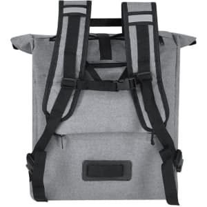 A grey bike backpack with adjustable straps and a secure closure, featuring a small zip pocket on the back.