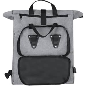A grey backpack with black accents, featuring a top handle, zippered pocket, and front compartment with clips.