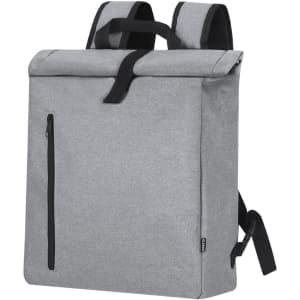 A grey bike backpack featuring a roll-top closure and a front zip pocket, with adjustable shoulder straps and a logo.