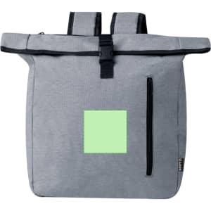 A grey bike backpack with adjustable straps, featuring a front zip pocket and a blank square area.