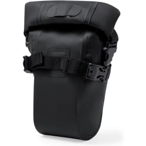 A black waterproof bike bag with a roll-top closure and adjustable straps. It has a sturdy design for durability.