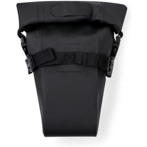 A black waterproof bike bag featuring adjustable straps and a roll-top closure for secure storage.