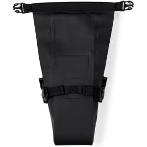 A black Hydoria bike bag with adjustable straps and a sleek, streamlined design for added storage.