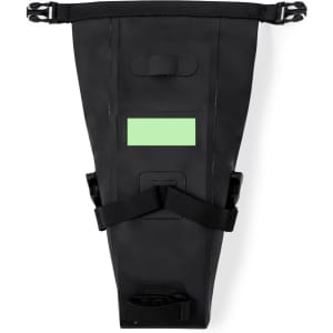 A black Hydoria bike bag with adjustable straps and a reflective panel. It features a logo on the front.