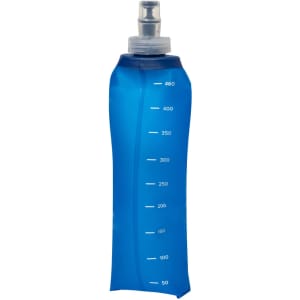 A drink bottle in blue, featuring a flexible design and measurement markings on the side, with a mouthpiece and a logo.