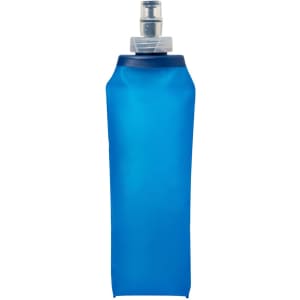 A drink bottle in blue, featuring a foldable design and a spout top. It has a logo on it.