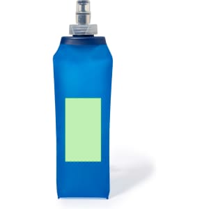 A drink bottle in blue with a flexible design and a spout, featuring a blank area for custom branding.