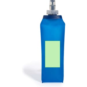 A drink bottle in vibrant blue with a foldable design and a clear area for personalisation. It features a spout and cap.