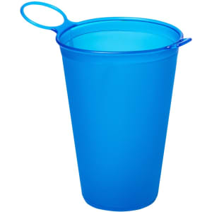 A blue foldable plastic cup with a handle, featuring a glossy finish and a simple design.