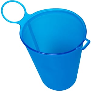 A blue foldable cup with a handle, made of plastic, suitable for drinkware. It features a branding logo.