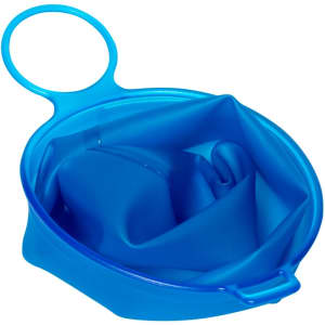 A foldable cup in bright blue, made of flexible plastic, featuring a handle for easy carrying.